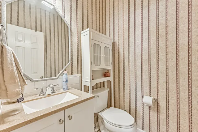 a bathroom with a sink a toilet and vanity