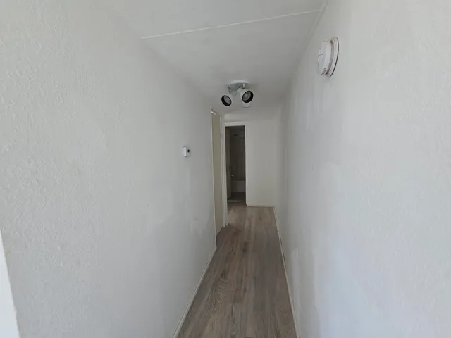 a view of a hallway with wooden floor