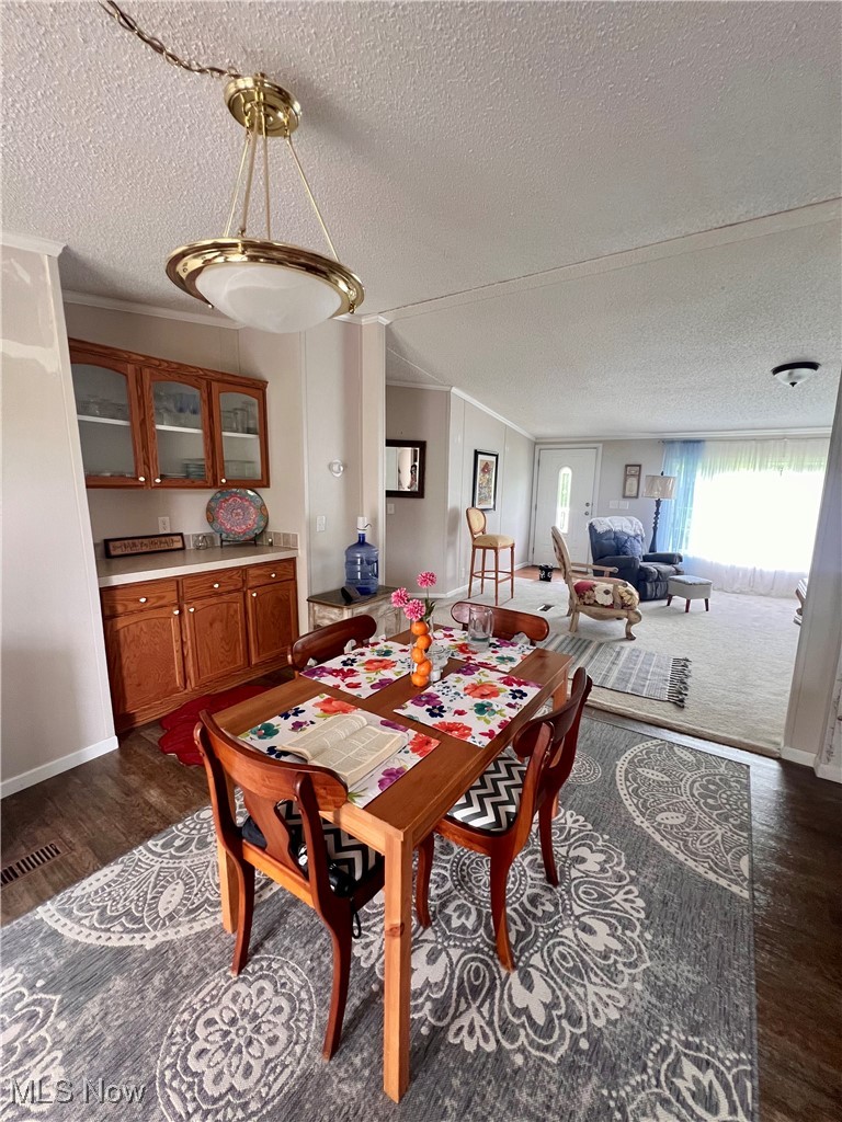 8548 Mount Carmel Rdg Road St. Marys, WV 26170 - Photo 11 of 30 Dining room featuring a textured ceiling and dark wood-style flooring