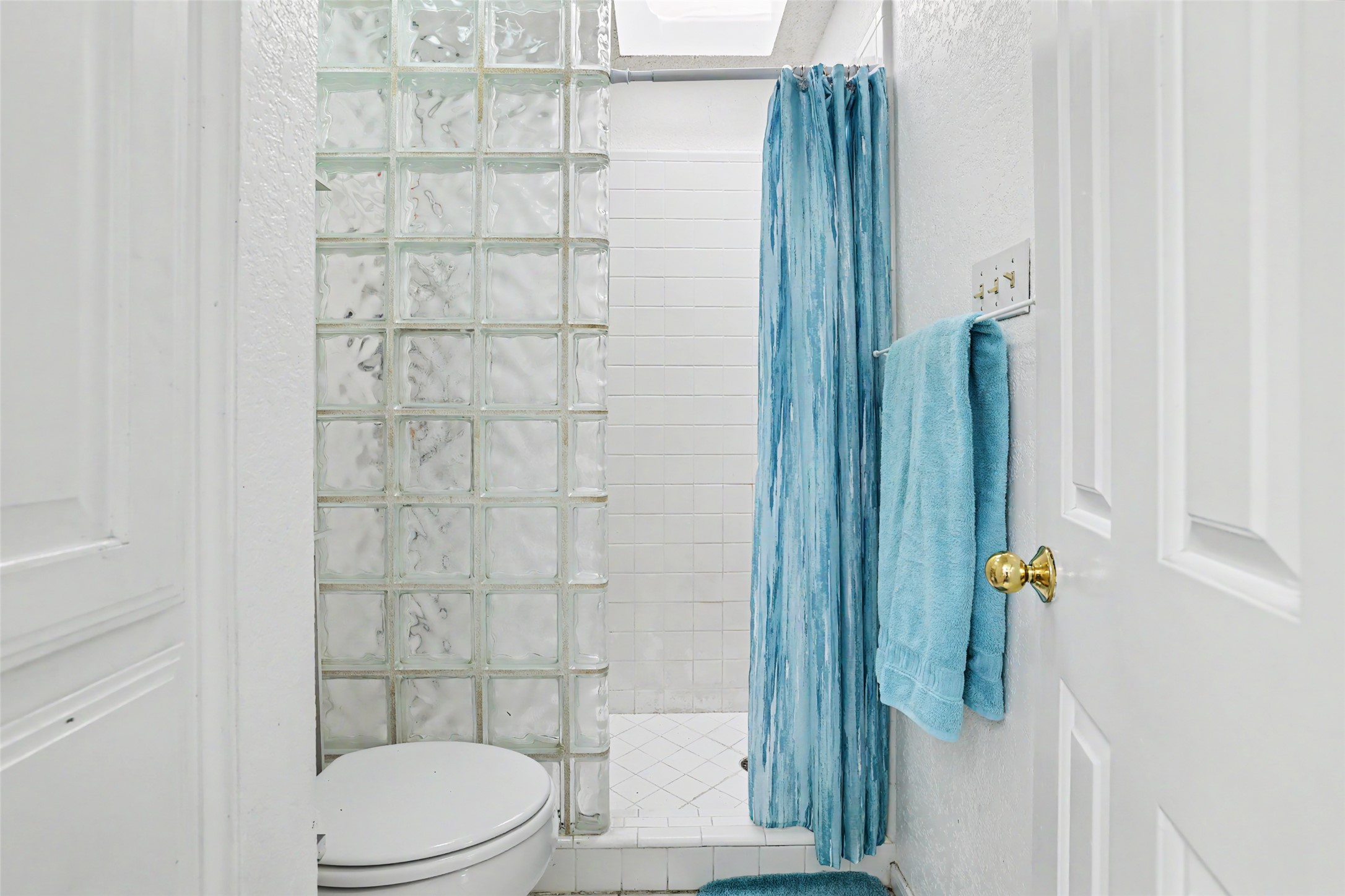 110 South Ridge Circle Georgetown, TX 78628 - Photo 22 of 37 Bathroom featuring a glass block shower wall, white tile flooring, and a skylight