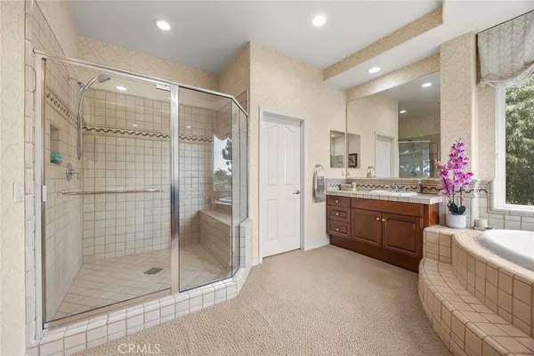 a bathroom with a tub sink shower and mirror