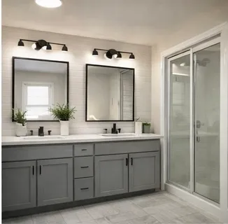 a bathroom with a double vanity sink and mirror