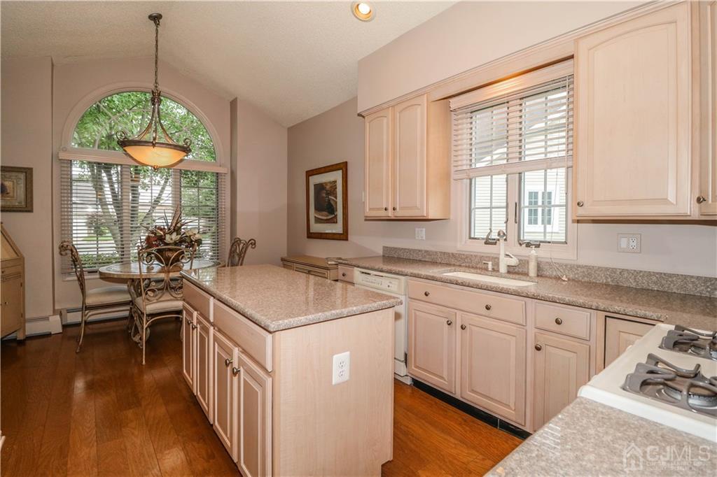 33 Whitehall Road Monroe Township, NJ 08831 - Photo 10 of 25 a kitchen with stainless steel appliances granite countertop a stove a sink dishwasher and a refrigerator with wooden floor