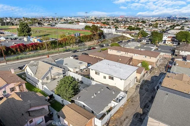 an aerial view of a house with a outdoor space