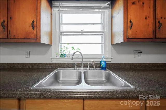 a kitchen with a sink a counter top space and cabinets