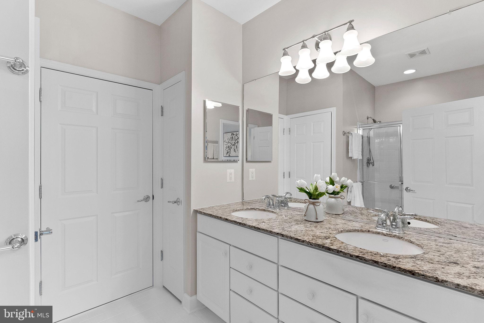 44424 Sunset Maple Drive Ashburn, VA 20147 - Photo 31 of 63 a bathroom with a granite countertop sink a mirror and a shower