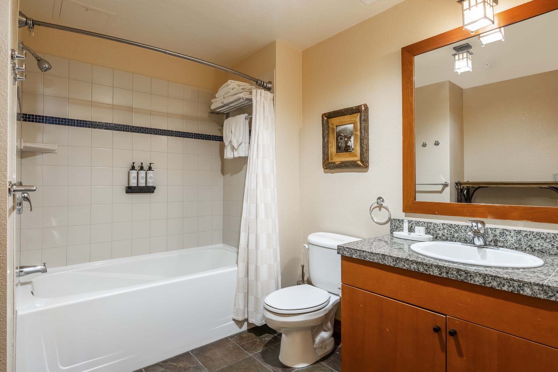 6201 Minaret Road, Unit 2317 Mammoth Lakes, CA 93546 - Photo 29 of 44 a bathroom with a granite countertop sink toilet and shower