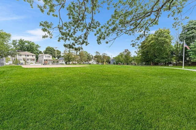 a view of a field with trees in the background