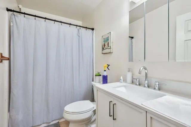 a bathroom with a sink a toilet and shower curtain