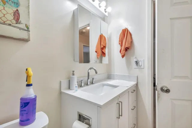 a bathroom with a sink vanity and a mirror
