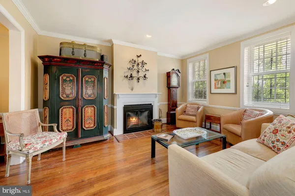 a living room with furniture a fireplace and wooden floor