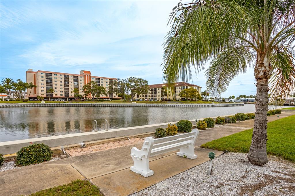 19029 US Highway 19 North, Unit 10C Clearwater, FL 33764 - Photo 58 of 61 a view of a lake with a bench and trees in the background
