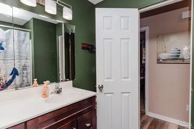 a bathroom with a sink vanity and a mirror