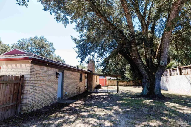 a view of a backyard with large trees