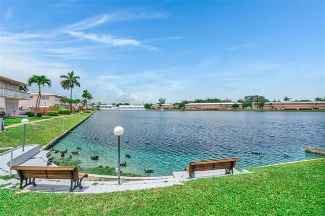 a view of a lake with a bench and trees in the background