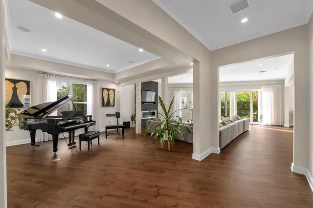 a view of a dining room with furniture
