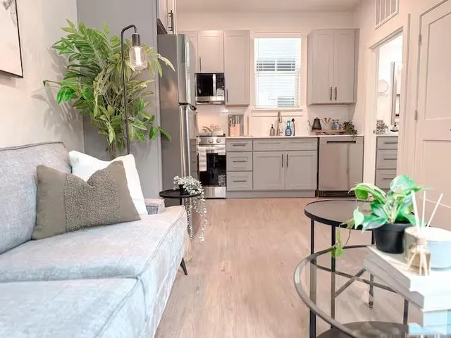 a living room with furniture and a potted plant