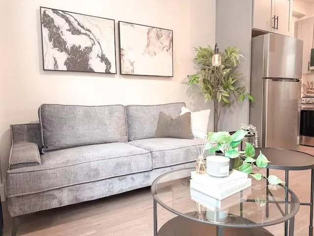 a living room with furniture and a potted plant