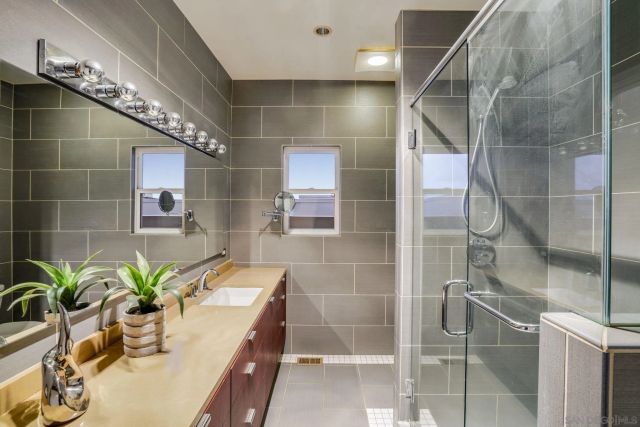 a bathroom with a potted plant