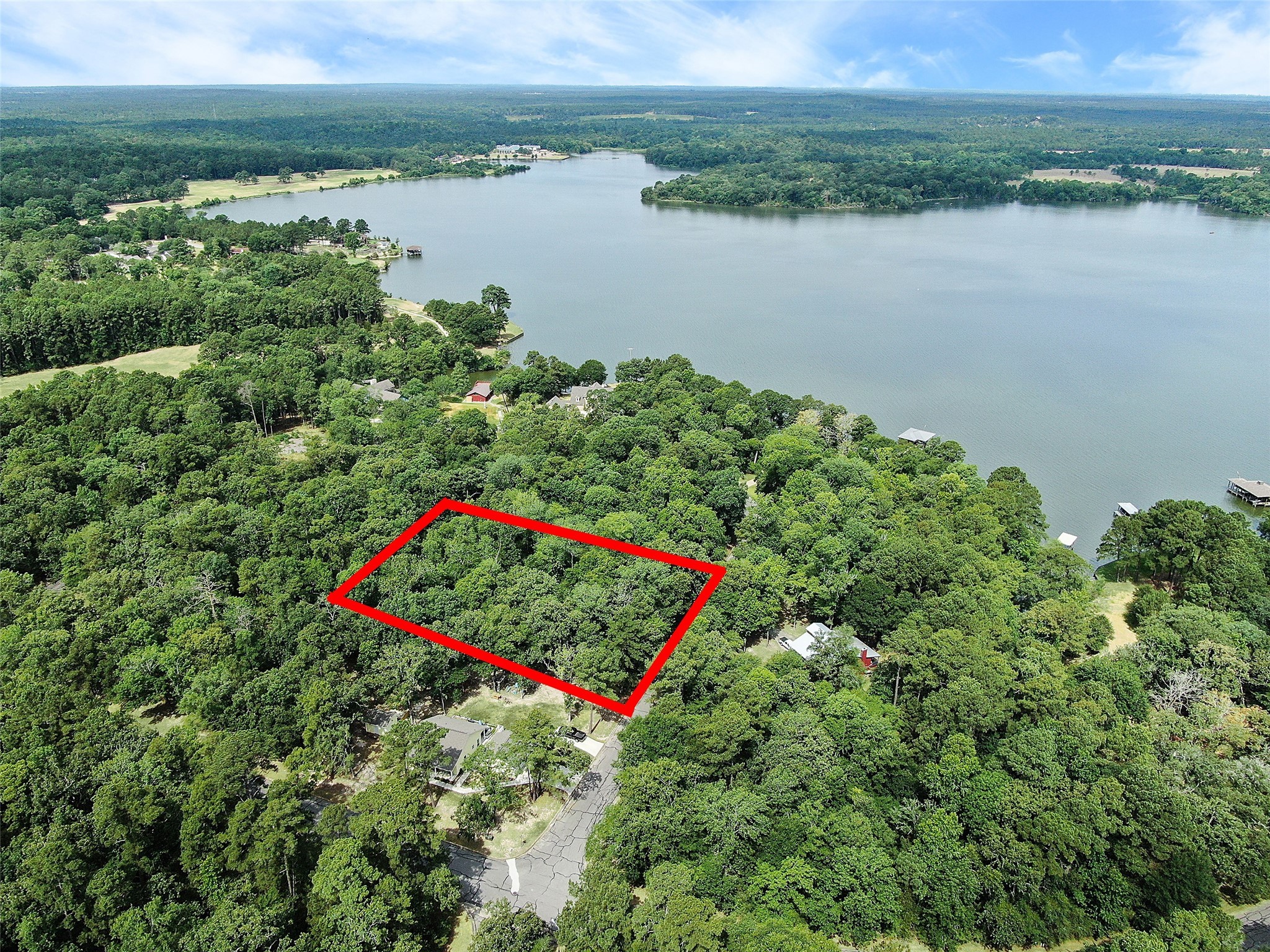 a view of a lake with a park