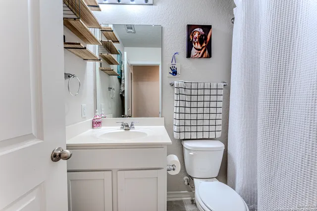 a bathroom with a sink mirror vanity and toilet