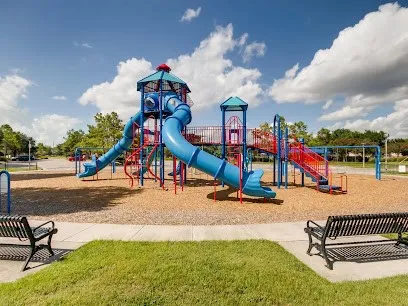 a childrens park with lots of swings and slides