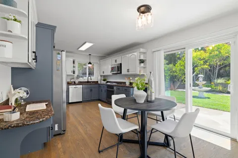 a view of a dining room with furniture window and outside view