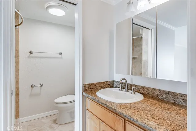 a bathroom with a granite countertop sink toilet and shower