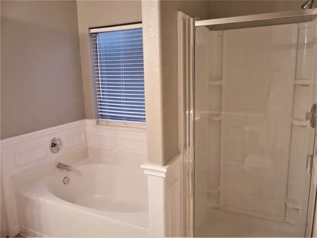 a bathroom with a shower and a bathtub