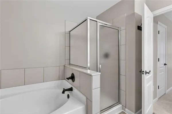 a bathroom with a bathtub and a shower