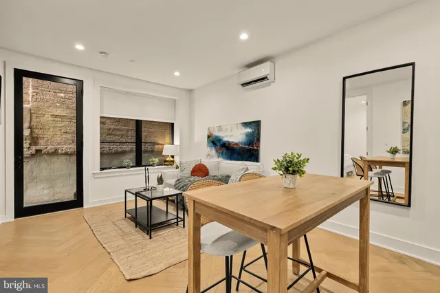 a view of a dining room with furniture
