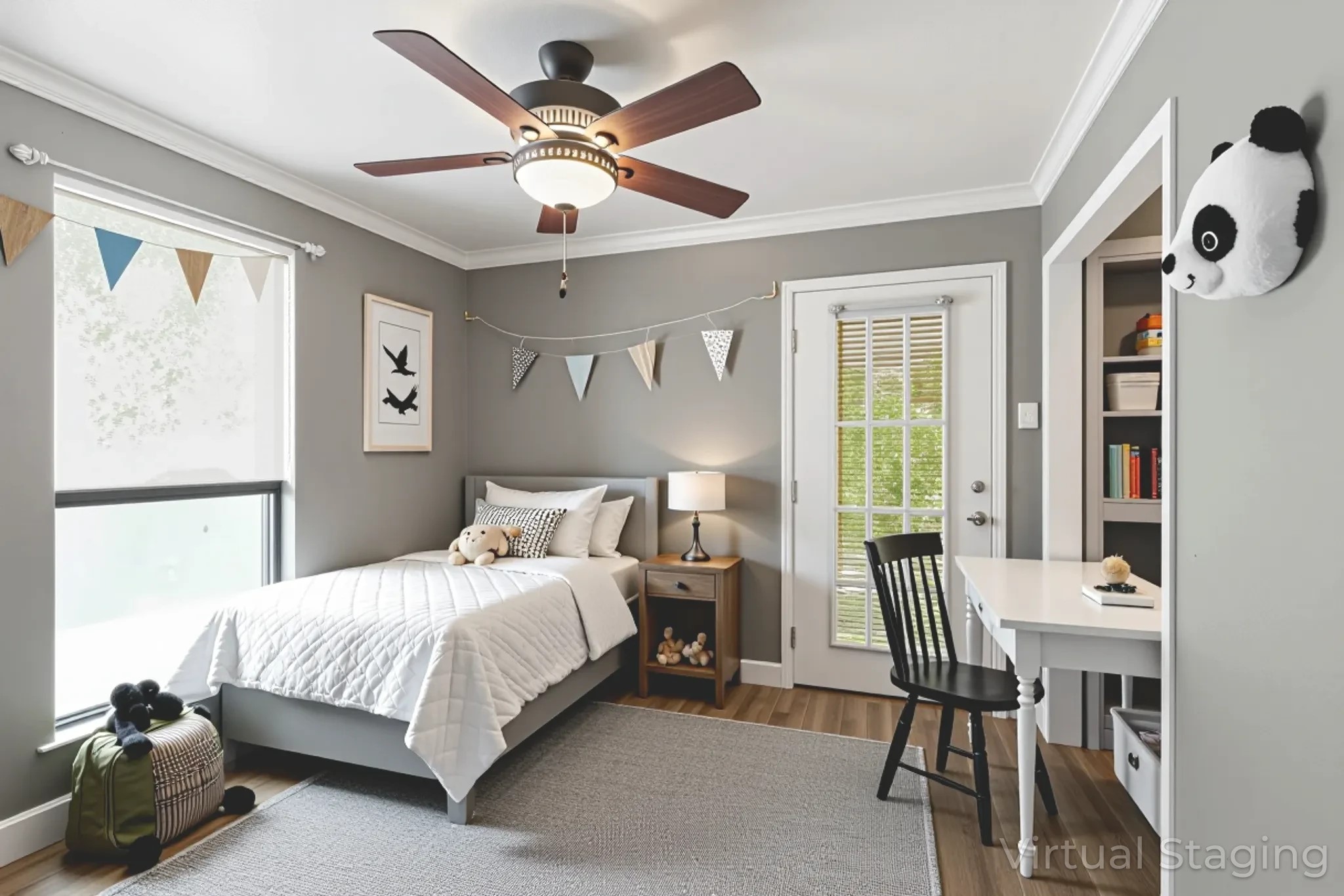 35 Susan Drive Cleveland, TX 77327 - Photo 26 of 33 This digitally staged bedroom combines cozy charm with modern functionality, featuring a stylish gray palette, playful decor, and ample natural light for a welcoming and versatile space.