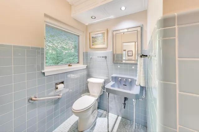 a bathroom with a toilet sink and mirror