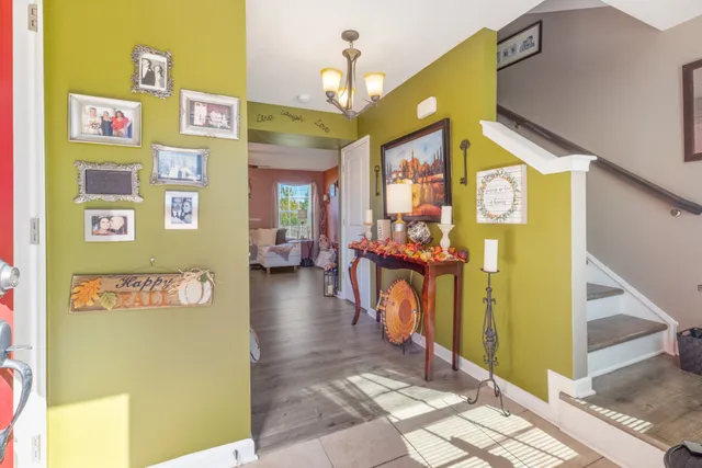 a view of a hallway with painted walls