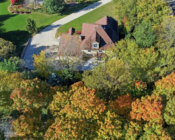 an aerial view of a house with a yard and plants