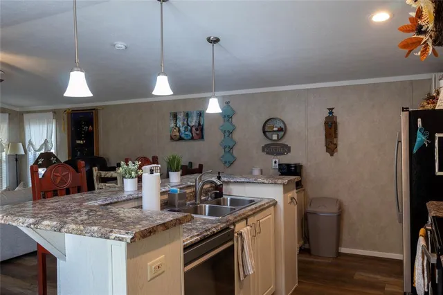a kitchen with a sink a counter space and a refrigerator