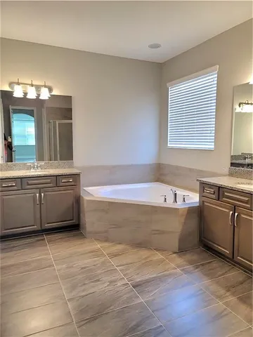 a bathroom with a bathtub a sink and a mirror