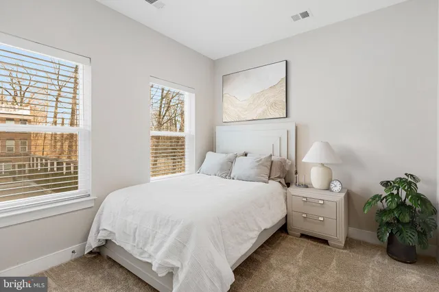 a bed room with a bed and a potted plant