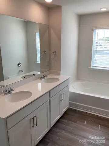 a bathroom with 2 sink tub and a mirror