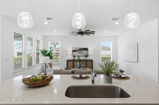 a view of a dining room with furniture