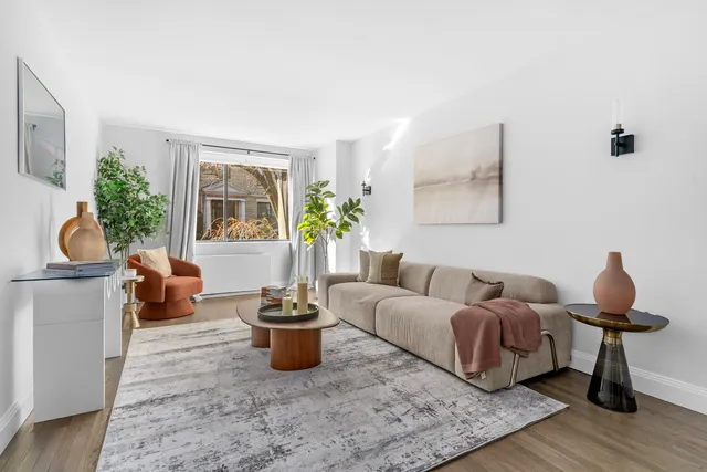a living room with furniture and a potted plant