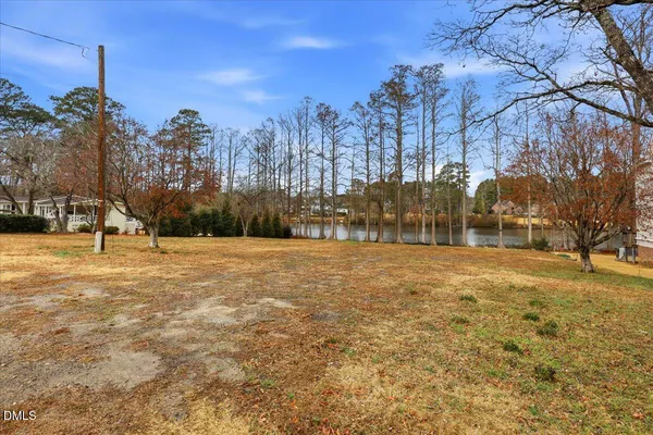 a view of a field with trees in the background
