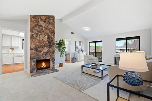 a living room with furniture and a fireplace