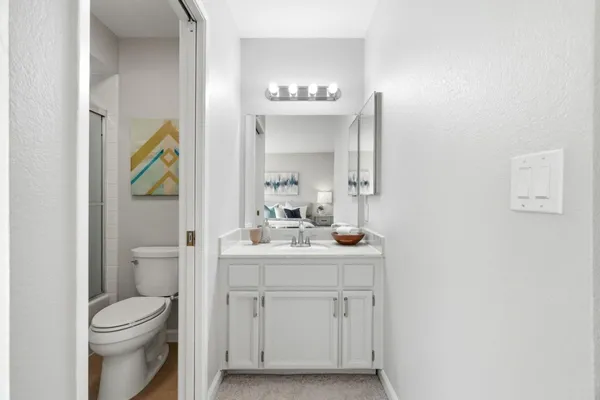 a bathroom with a sink a toilet and a mirror