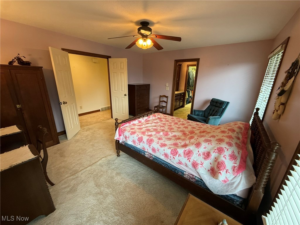 2597 Pyle Road Dover, OH 44622 - Photo 26 of 50 Bedroom with light carpet, a spacious closet, and a ceiling fan