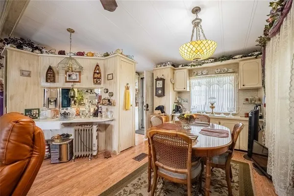 a view of a dining room with furniture