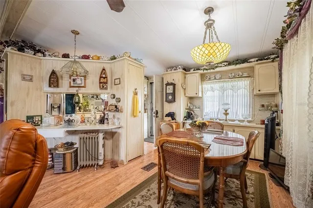 a view of a dining room with furniture