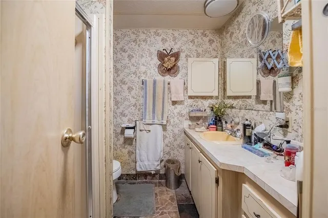 a view of a bathroom with a sink and a shower curtain