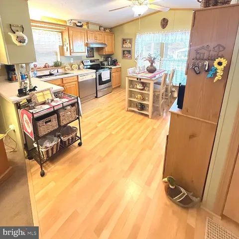 a room with wooden furniture and a table