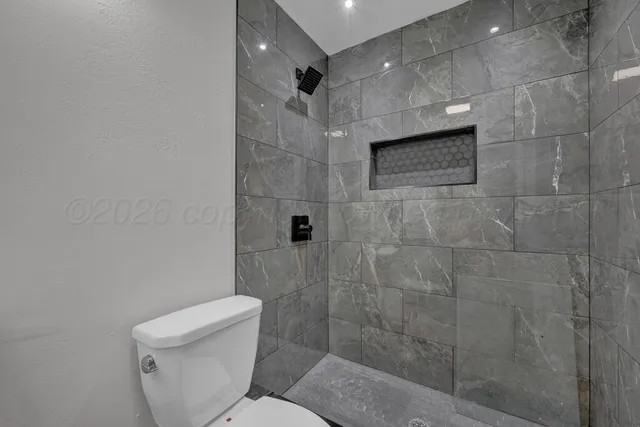 a bathroom with a toilet and a shower